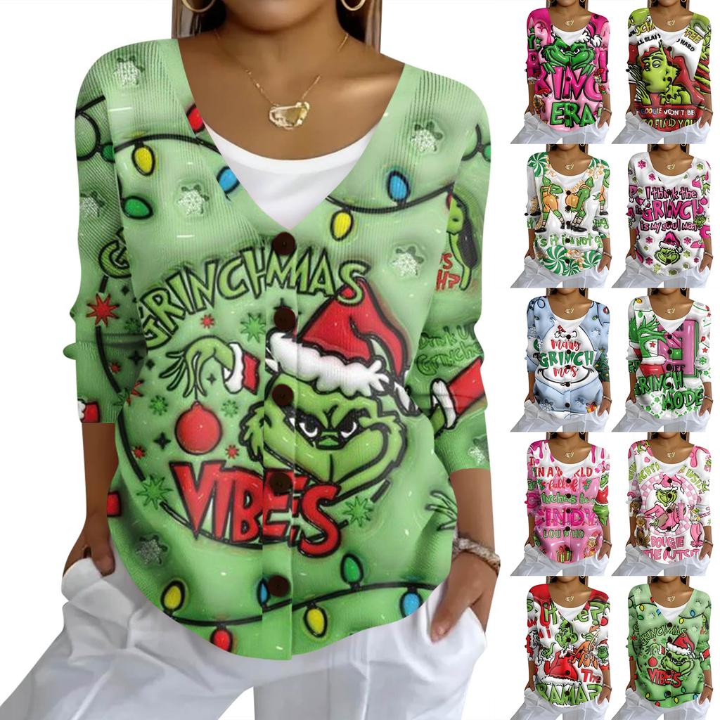 Women's Fashion Casual Knit Sweater Button-Up Christmas Print Cardigan Jacket