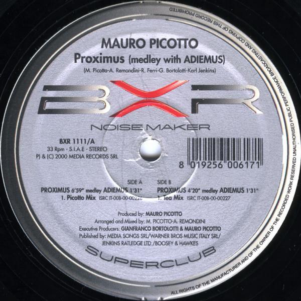 12-дюймовая пластинка MAURO PICOTTO Proximus Medley With Adiemus BXR1111A BXR 2000 Италия Танцевальная Электроника Б/у