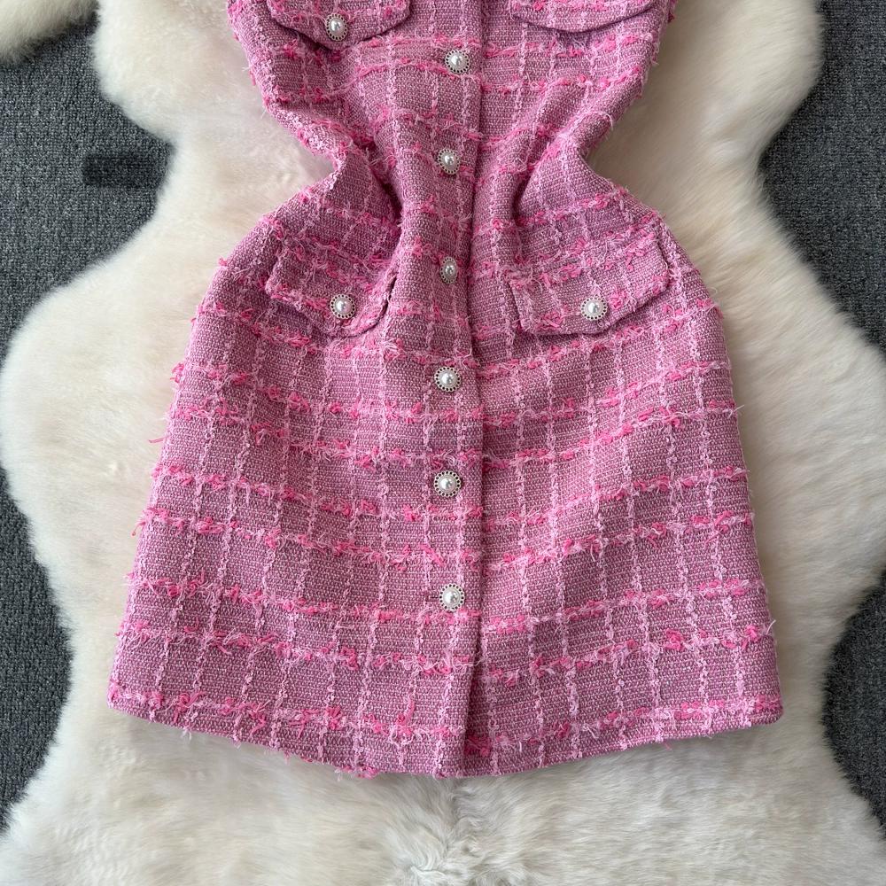 Summer Women Sweet Sleeveless Plaid Tweed Office Work Party Mini Short Vest Dresses