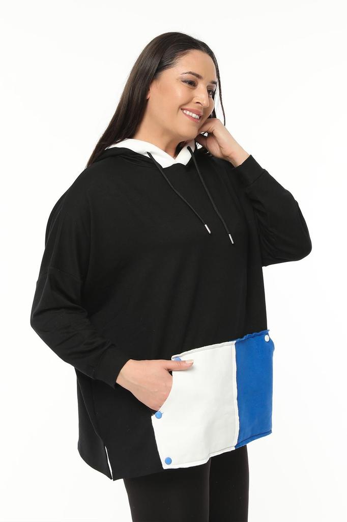 Women's Style Big Size Sweatshirt Large Size Extra Comfortable Colored Kangaroo Pocket Black Sweatshirt