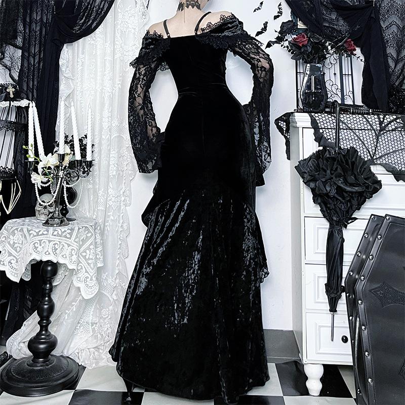 Goth Dark Flocking Lace Gothic Asymmetrical Maxi Dress Outfits for Women Mall Goth Embellished Off Shoulder Halloween Dresses