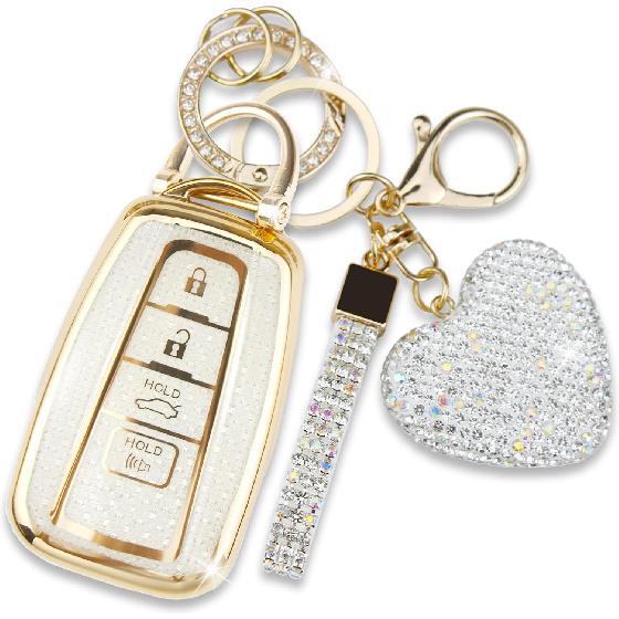 Key Fob Cover with Diamond Keychain for Toyota Car Key Shell Compatible with 2018-2024 Highlander RAV4 Camry Avalon C-HR Corolla GT86 Full Cover