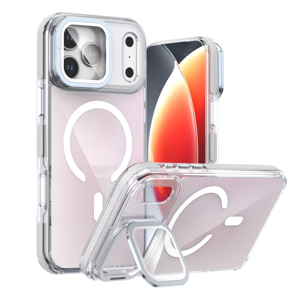 For iPhone 17 Pro Magnetic Case TPU Acrylic Phone Back Cover with Lens Film and Kickstand