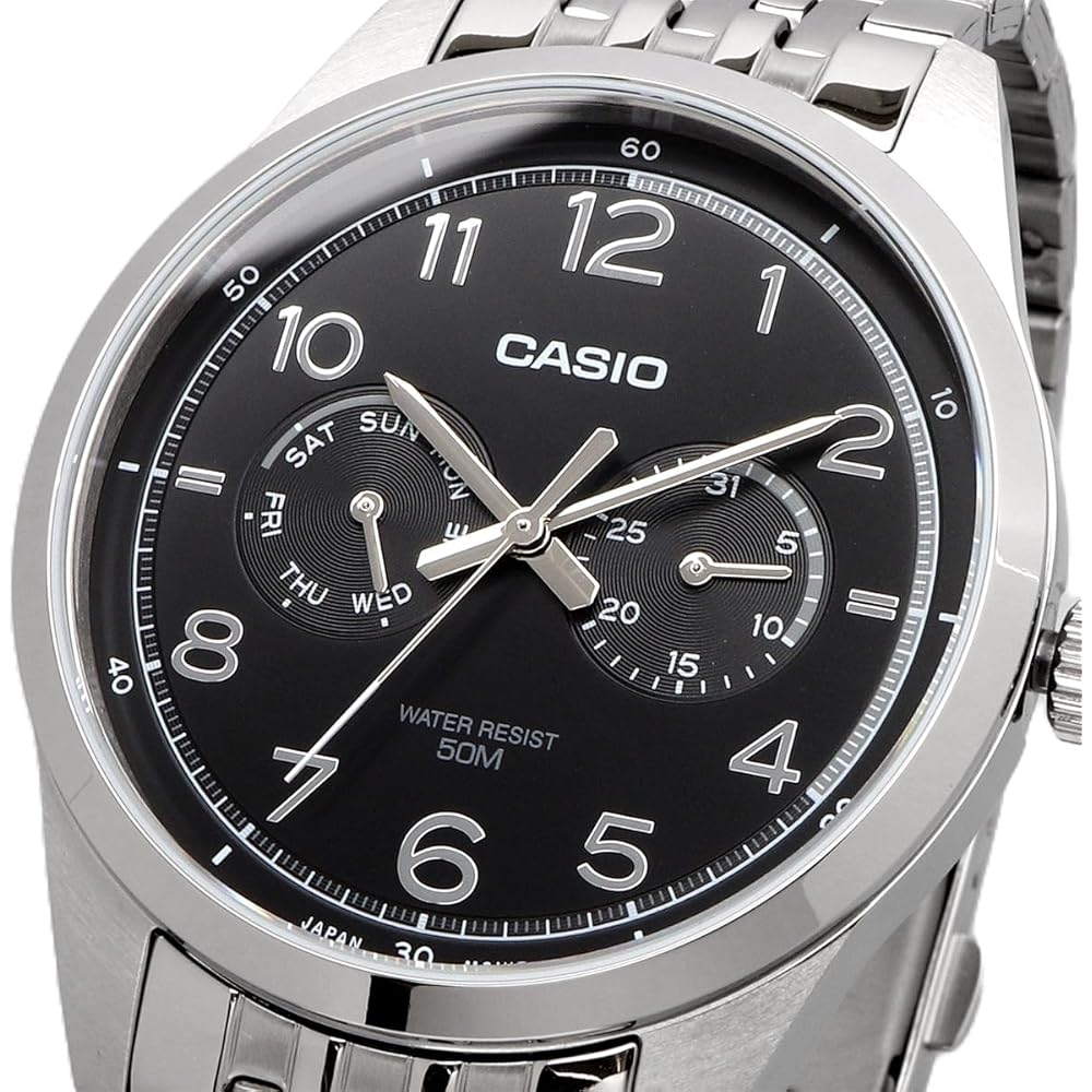 Мужские кварцевые часы Casio Standard MTP-E340D-1AV с многофункциональным календарем, 7-звеньевой браслет, серебристый, черный
