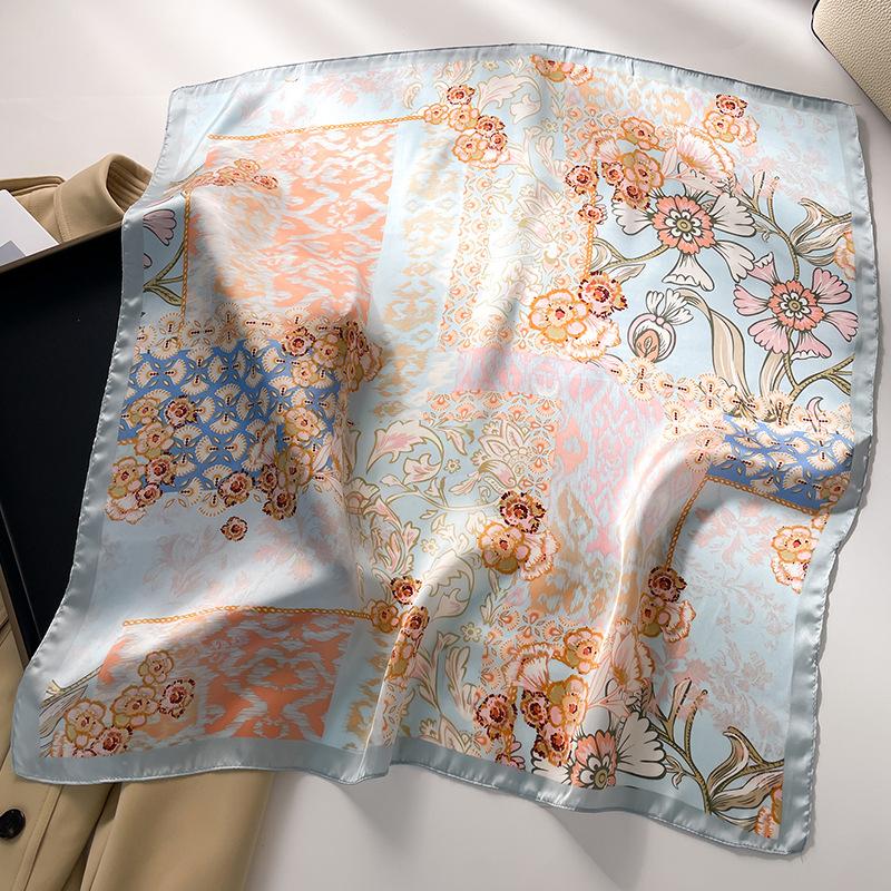 New Muslim Hijab Luxury Brand Women Silk Scarf Hair Scarves 70cm Square Floral Print Headscarf Summer Shawl Headband