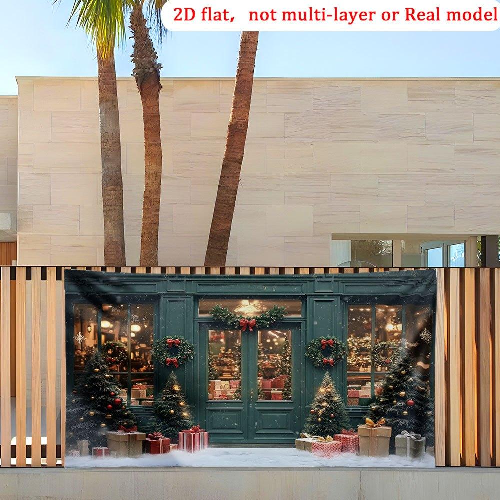 1 huge Christmas wreath store view background - 2D flat winter fairyland European-style store scene snow window display