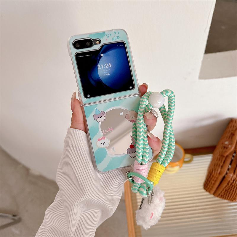 Чехол для Samsung Galaxy Z Flip 3 4 5 6 Flip6 ZFlip 6 ZFlip6 Милый бант кошка ручной шнурок зеркало противоударная жесткая крышка