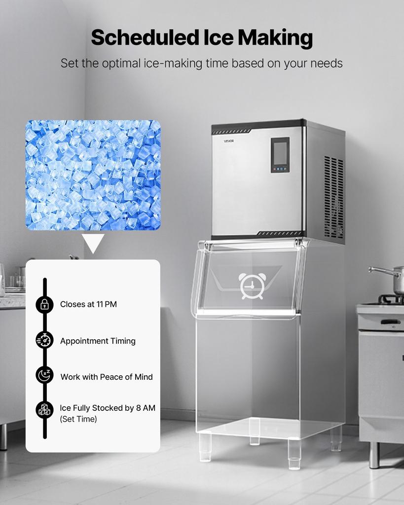 Commercial Ice Maker Machine - Head, 136 kg/Day Stainless Steel Ice Machine with Scheduled Ice-Making, Self-Cleaning, Adjustable Thickness, Ideal for