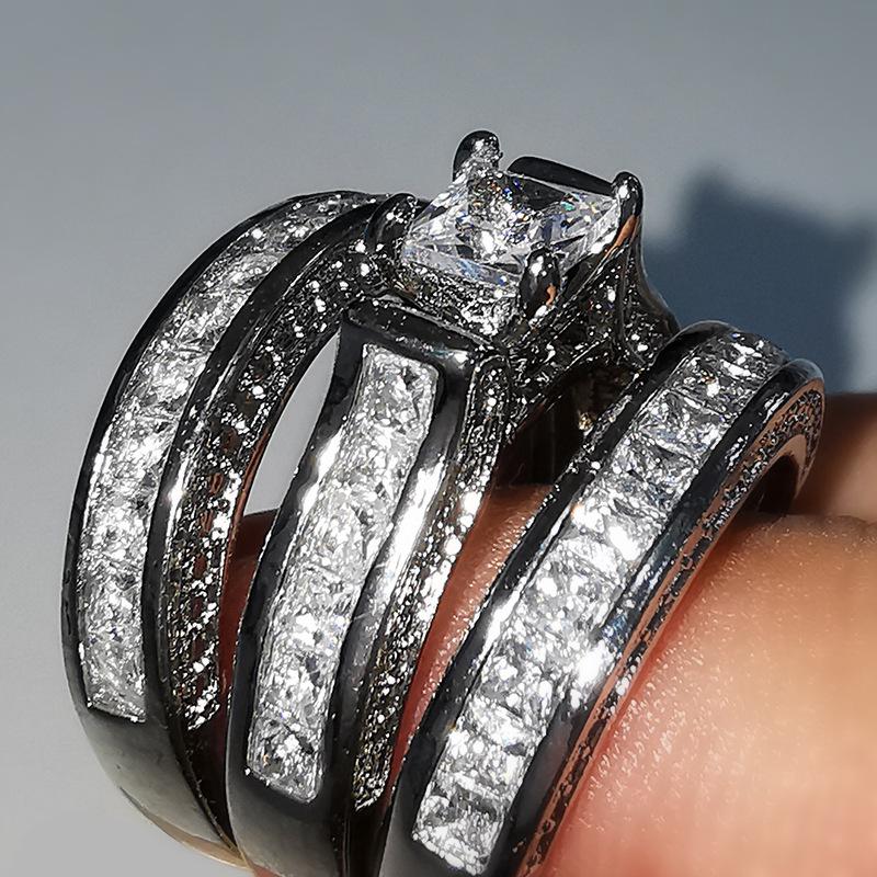 Hot sale, three-piece set of micro-inlaid zircon ring, luxury couple zircon ring, European and American women's jewelry.
