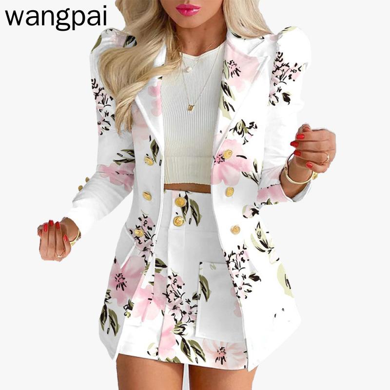 Женский осенне-зимний повседневный костюм с длинными рукавами, куртка с юбкой и принтом, комплект из двух предметов