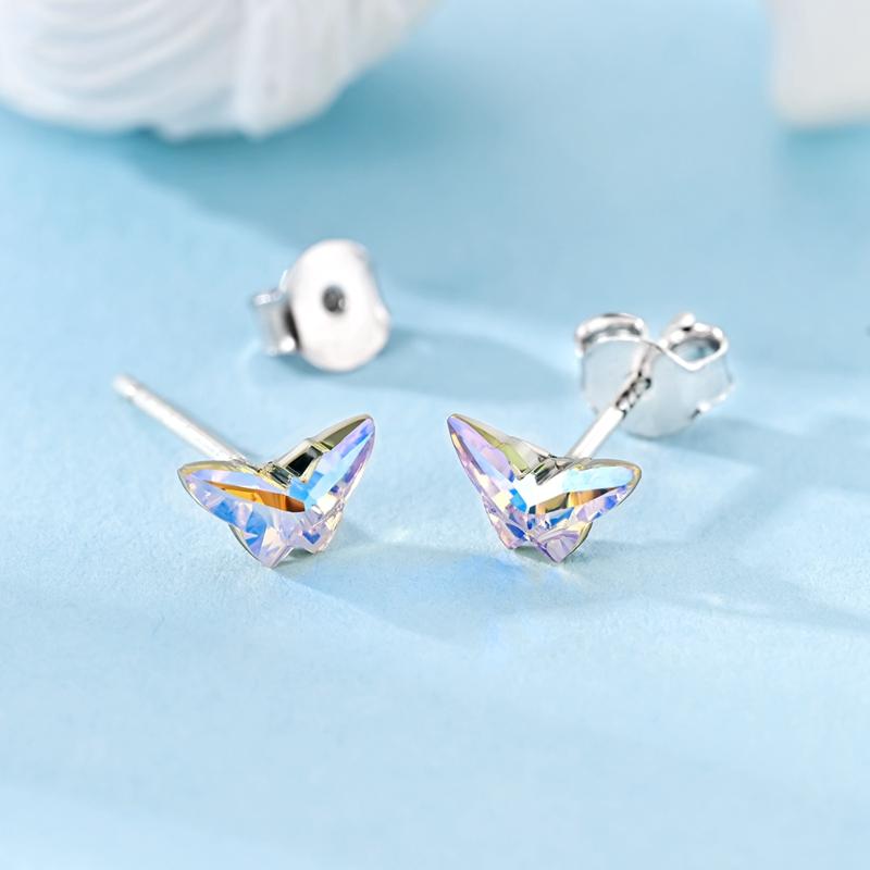 Earrings 925 Silver Shining Snowflake Mini Butterfly Ear Studs For Women Fine Birthday Party Jewelry Gifts