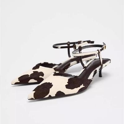 Модные женские сандалии AIYUQI из натуральной кожи, летние женские сандалии на среднем каблуке из лошадиной кожи с леопардовым принтом, женские сандалии большого размера с острым носком