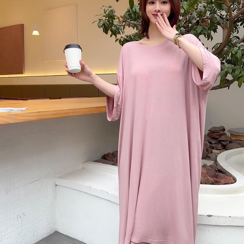 Модал с подушечками для бюстгальтера, макси-платье с короткими рукавами, женские летние ночные рубашки без стальных колец с круглым вырезом и без бюстгальтера больших размеров