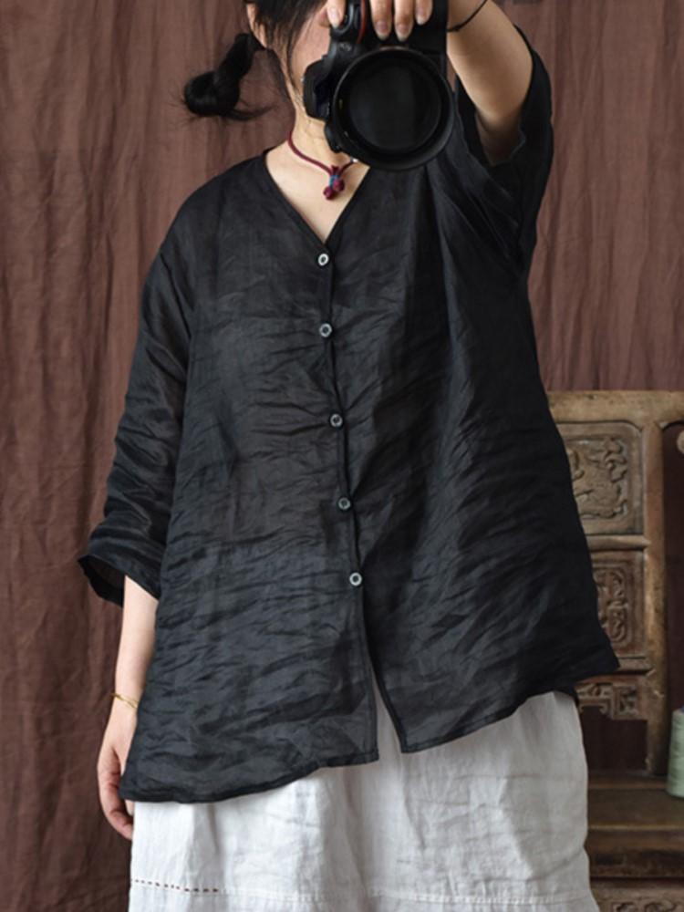 Johnature Женские винтажные рубашки в китайском стиле, топы, однотонные тонкие блузки, летние рубашки с семью рукавами и пуговицами
