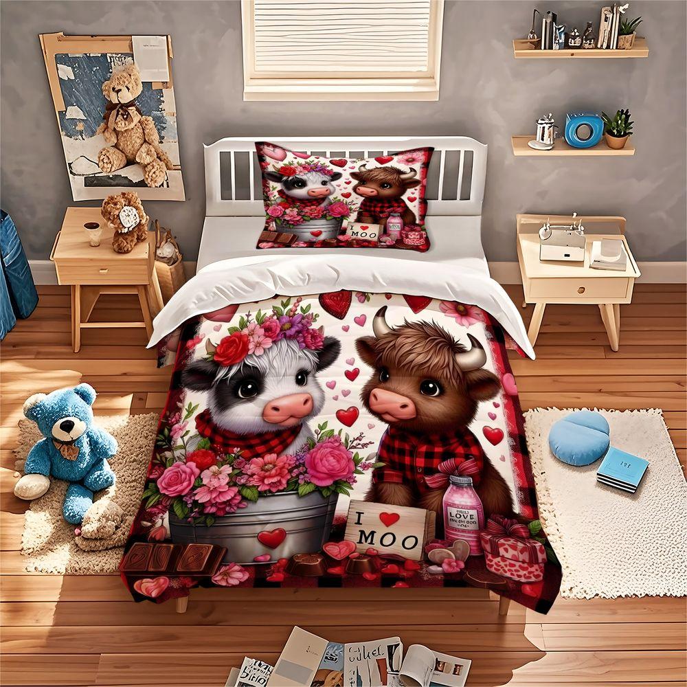 2/3Pcs Cute Cow Love Duvet Cover Set(1 Duvet Cover & 1/2 Pillowcase) Soft Bedding Set Romantic Valentine Gift Bedroom Decor