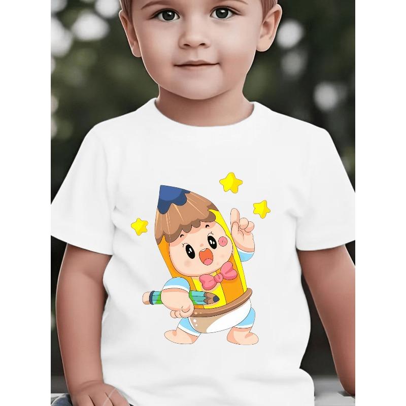 European sizes Back-to-School Season Boys' Short-Sleeve T-Shirt for Spring, Summer, and Fall - Cute Creative Cartoon Pencil Print