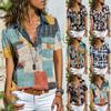 Womens Fashion Casual Short Sleeve Print Button V-Neck T-Shirts Tops Blouse