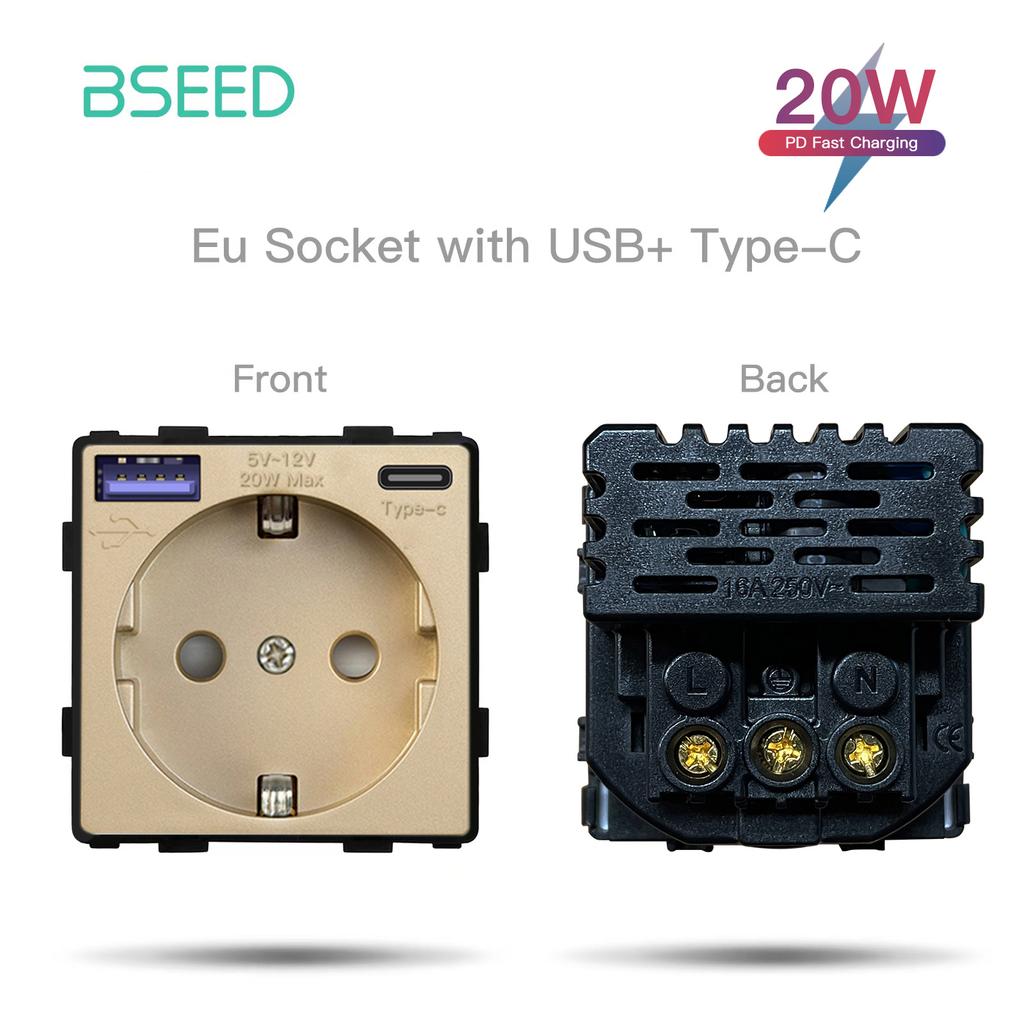 BSEED DIY EU Standard TV Satellite USB Sockets Button Switches With Crystal Glass Frame Panel Gold Home Improvement DIY Free
