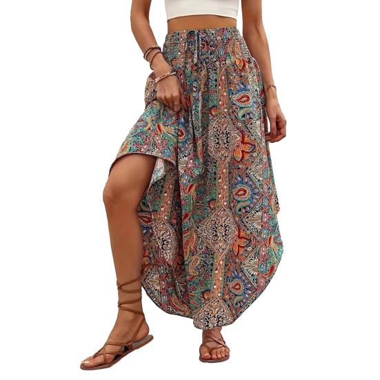 Юбка макси в стиле бохо, регулируемая завязка на шнурке, высокая талия, струящаяся юбка-трапеция с широким подолом, повседневная одежда