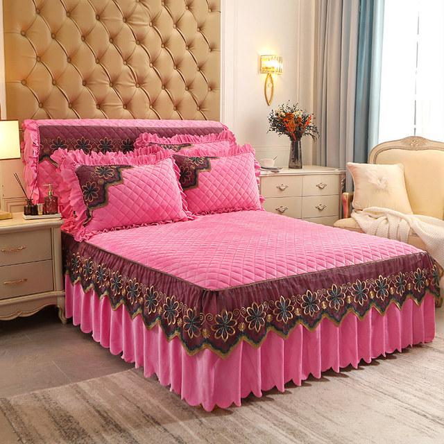 Европейское роскошное кружевное веерное покрывало для кровати, бархатное 200x220, стеганое покрывало королевского размера, юбка королевы, оборки, чехлы на изголовье