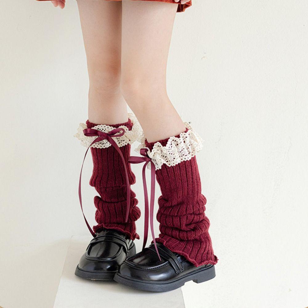 Solid Color Bow Ribbon Leg Warmers Long Stockings Knitted Foot Cover Children's Foot Warmer Winter