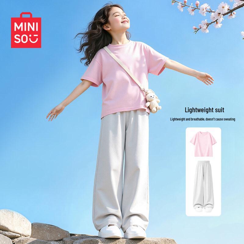 MINISO Girls' 2026 Summer Cotton Casual Short Sleeve & Pants Set