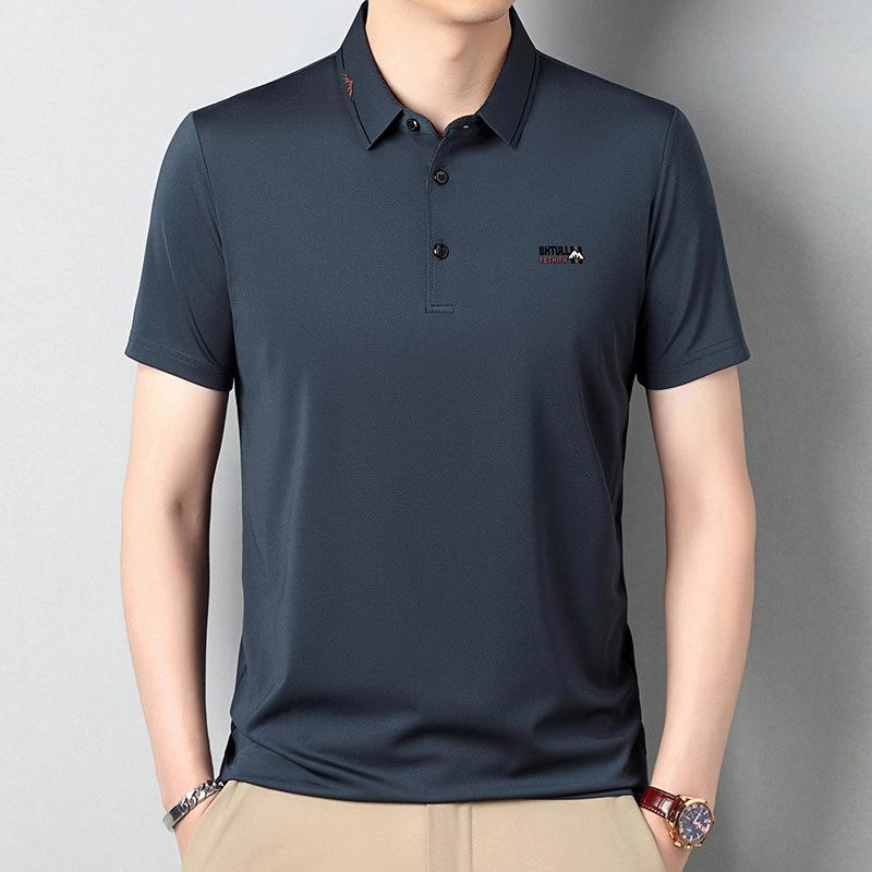 Футболка мужская с отворотом средней длины, тонкий свитер с отворотом, повседневная дышащая рубашка поло с короткими рукавами