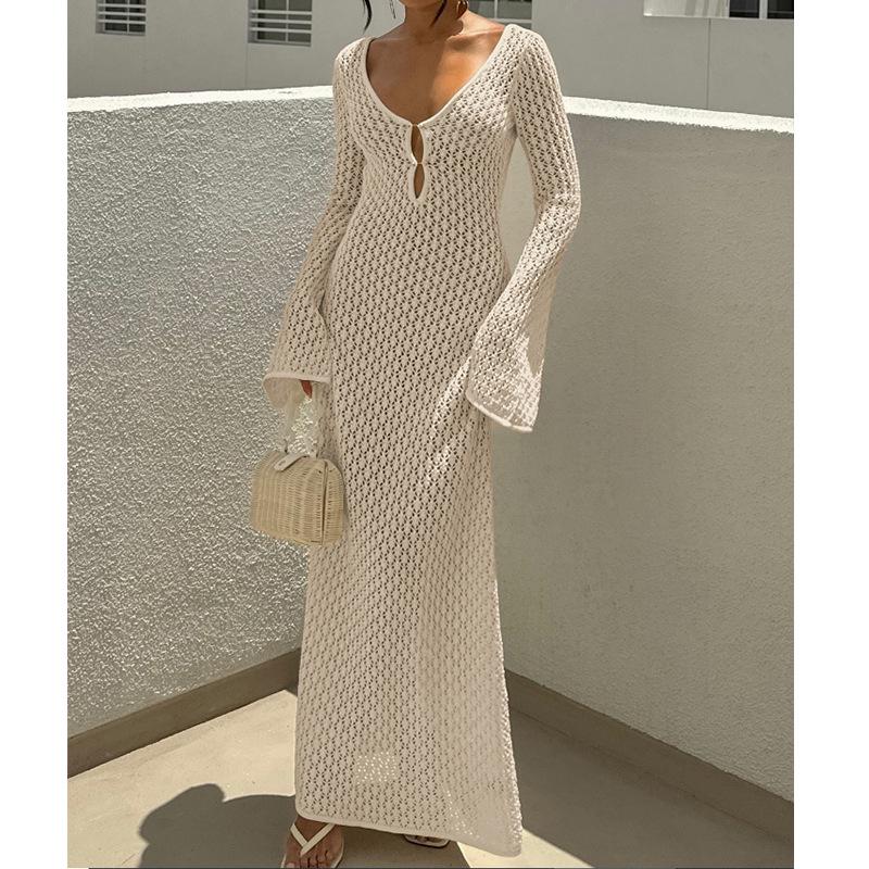 European-American V-Neck Hollow Texture Long-Sleeve Beach Dress