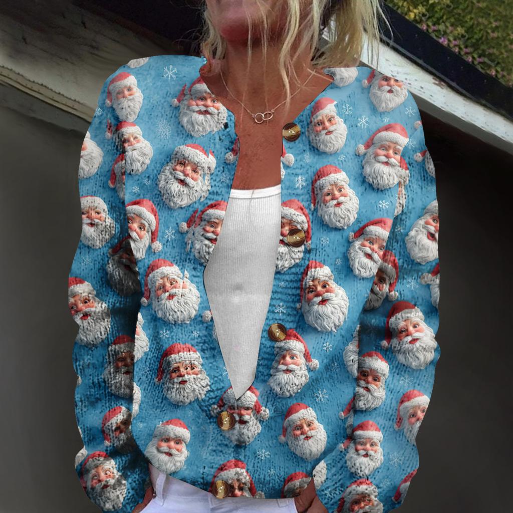 Женский модный вязаный кардиган на пуговицах с рождественским принтом и длинным рукавом