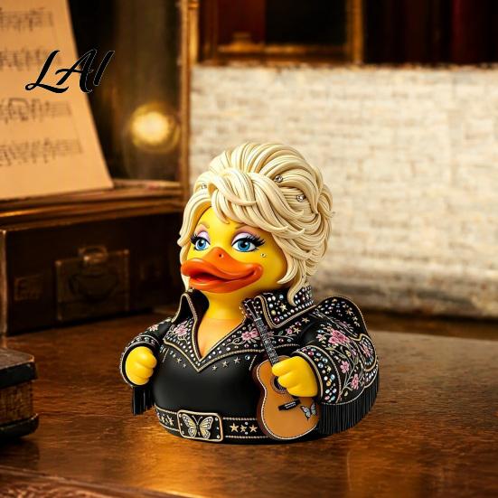 Creative Home Office Ornament Parton Memorial Duck Dolly Duck Figurine Country Music Statue Guitar-Themed Artistic Resin Animal Statue Decorative