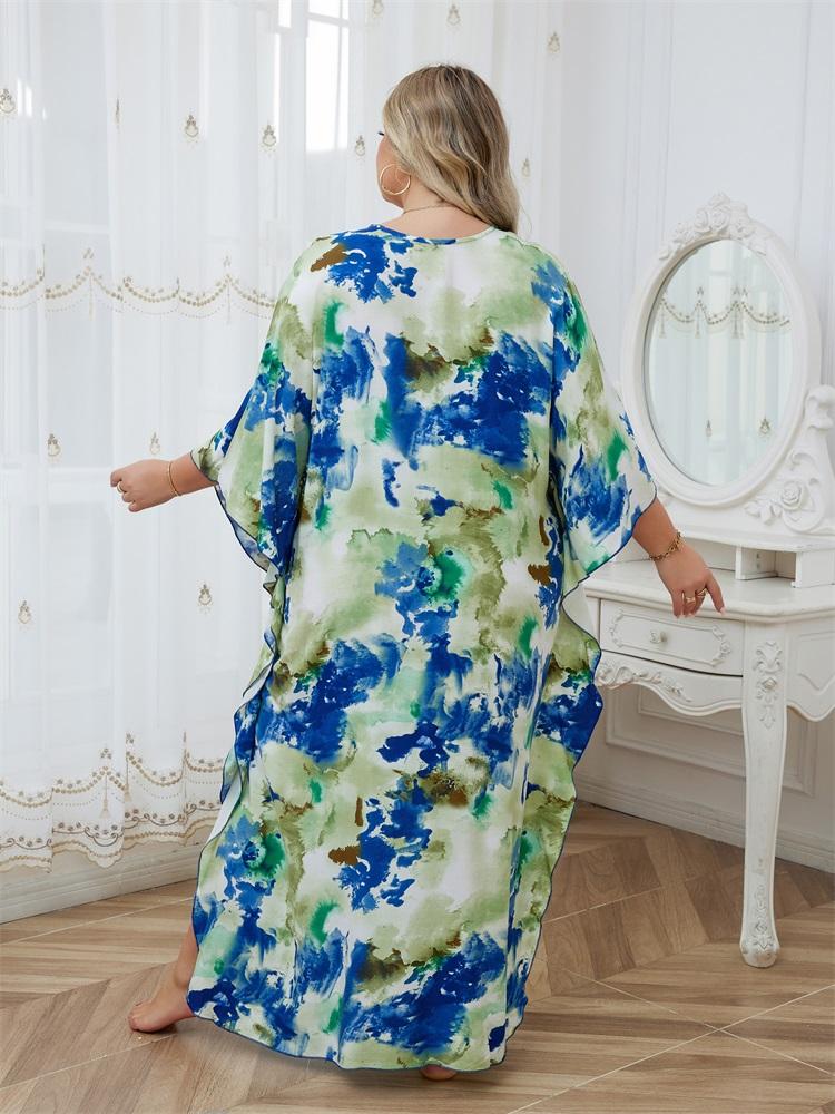 EDOLYNSA Plus Size Kaftan Bohemian Printed Summer Long Beach Dress Women Homewear Outfit Swim Suit Cover Up Loose Caftan