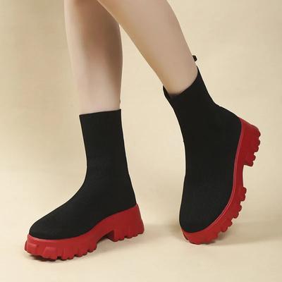 Осенние женские сапоги, трикотажные кроссовки, модные сапоги на платформе и широком каблуке, эластичные сапоги без застежек, повседневные носки, обувь