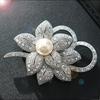 Eco-friendly Twin Petal Silver Brooch with Pearl & Rhinestones for Women