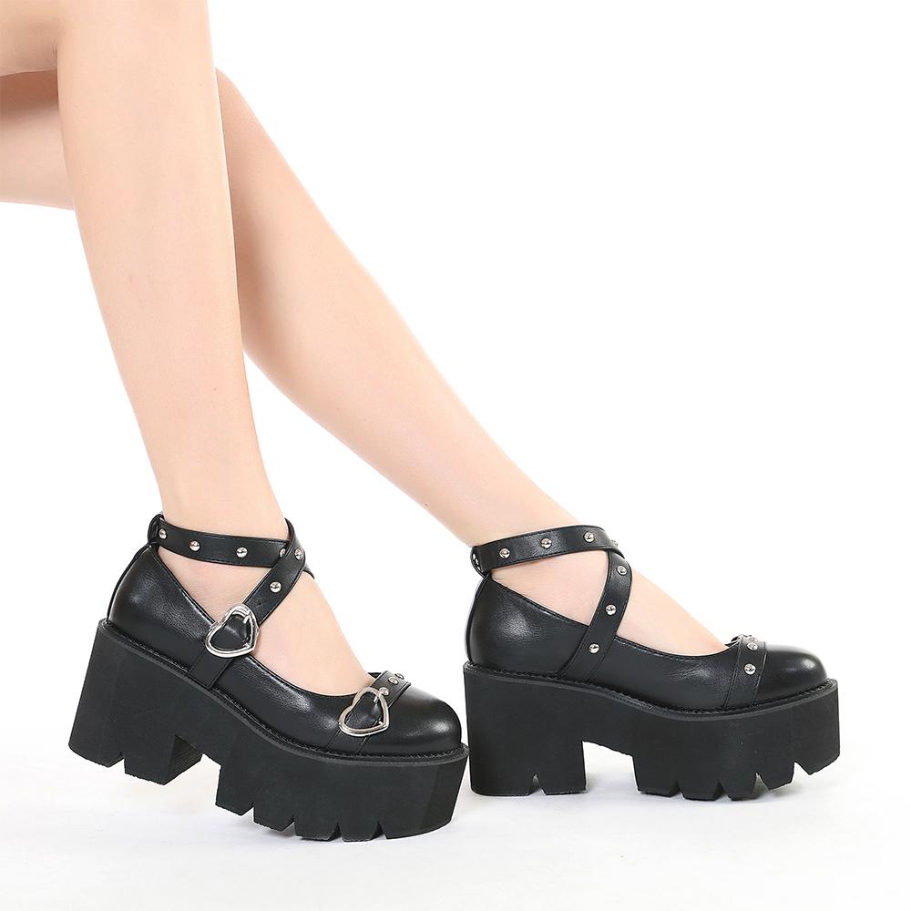 Gdgydh Женская обувь Мэри Джейн в готическом стиле на платформе, на массивном каблуке с круглой головкой, с перекрестной повязкой и пряжкой в ​​форме сердца, кавайная обувь для косплея