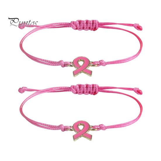Soft Woven Rope Jewelry 2 Pcs Breast Cancer Awareness Bracelets, Adjustable Braided String Stackable Wrist Accessories Bracelets with Ribbon