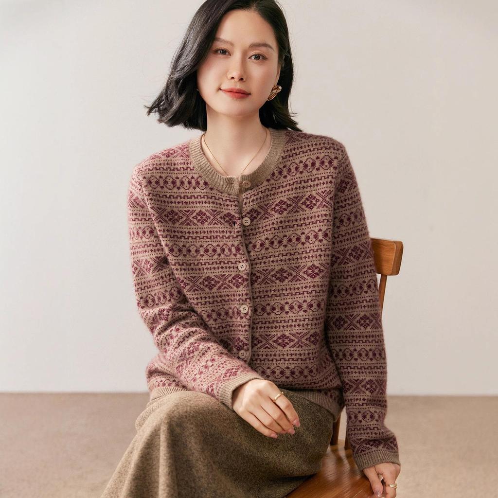 Женский кардиган Mengyi в стиле ретро Fair Isle из кашемира - Короткий вязаный кардиган с круглым вырезом