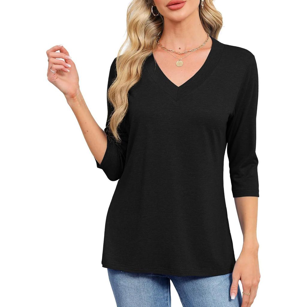 Women's Color V-Neck Three-Quarter Sleeve Casual Top
