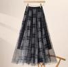 Elegant Plaid Patchwork Mesh Skirt with Large Pleated Hem