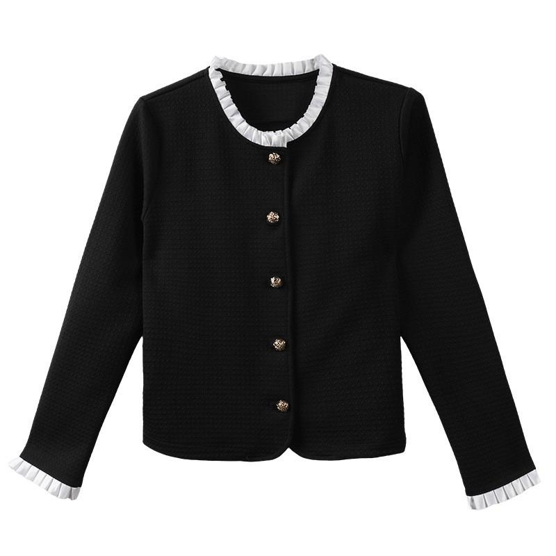 Womens Short Chic Blazer Coat With Ruffle Trim Round Neck Single Button Long Sleeve Fall Winter Outwear