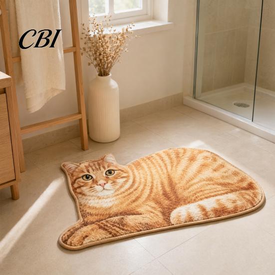 Cute Cat Floor Mat Bathroom Rug, Anti-Slip Absorbent Bath Washable Plush Home Safety Rug Kitty Door for Entrance Kitchen Decor Doorway Protector