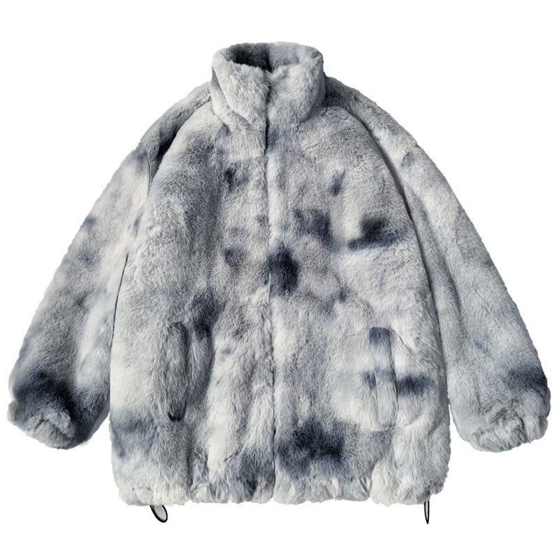 New Tie-dye Rabbit Fur Top Stand-up Collar Zipper Fur Thick Coat Medium and Long Large Size Loose Furry Coat Winter