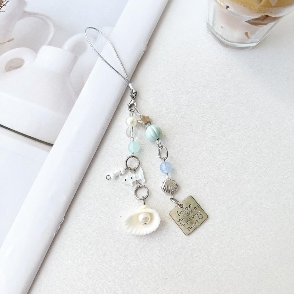 5PCS Imitation Pearl Beaded Cat Pendant Glass Bead Shell Pearl Phone Lanyard Fashion Keyring Beach