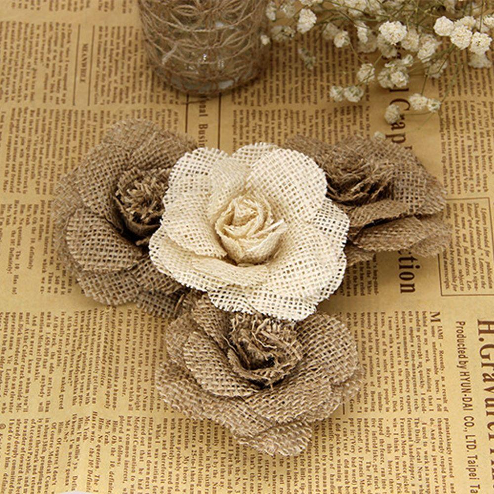Fashion Home Decor Rose Heads Jute Burlap Natural Hessian Handmade Flowers Retro Wedding Decoration