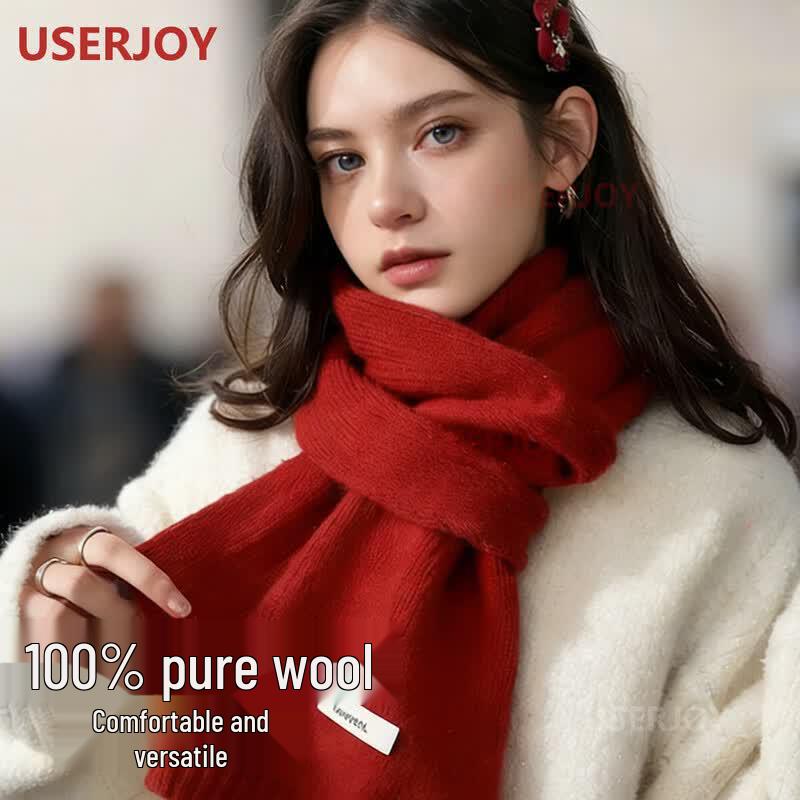 USERJOY Women's 100% Pure Wool Red Scarf