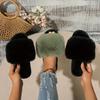Women's Fluffy Faux Fur Slippers Solid Color All-Season Slip-on House Shoes with Rubber Sole Honey Girl Style Indoor Outdoor Comfort Slippers