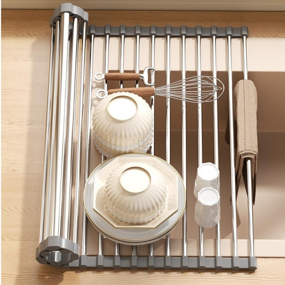 Rustproof Dish Drainer Multi-Functional Roll Up Dish Rack Sink Drain Rack Tableware Storage