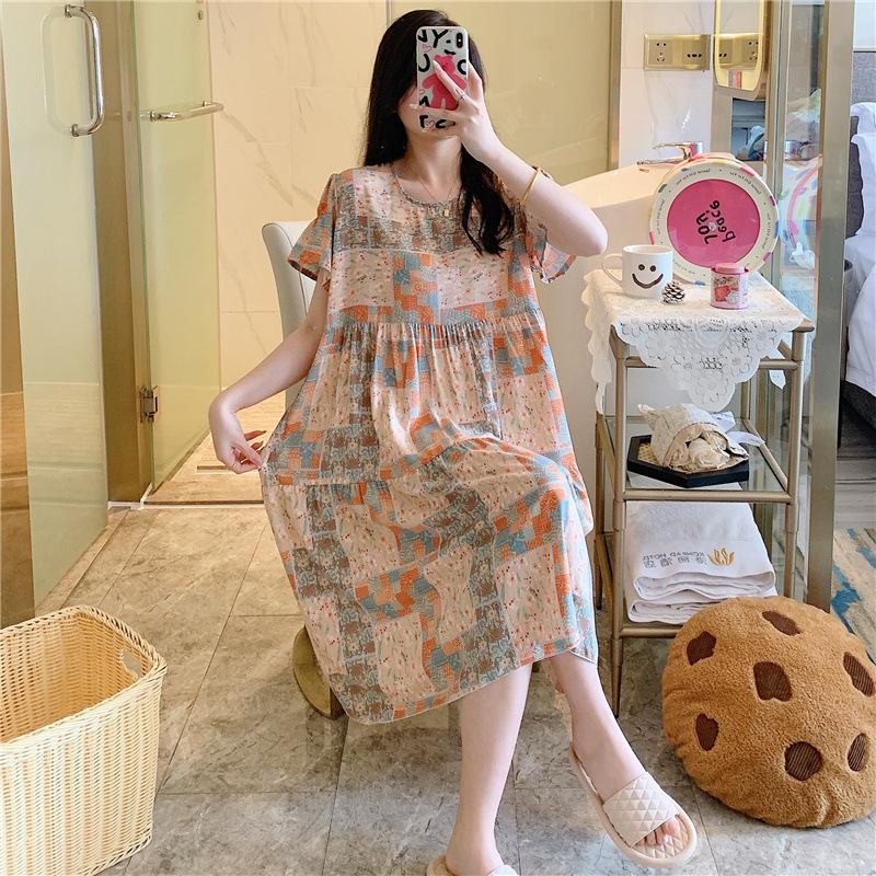 Cotton and silk nightgown women's spring and autumn casual short-sleeved large-size printed pajamas summer thin high-end cotton loungewear