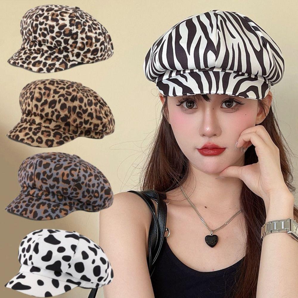 Y2K Leopard Print Octagonal Hat Spot Peaked Cap Cute Women Beret Ladies