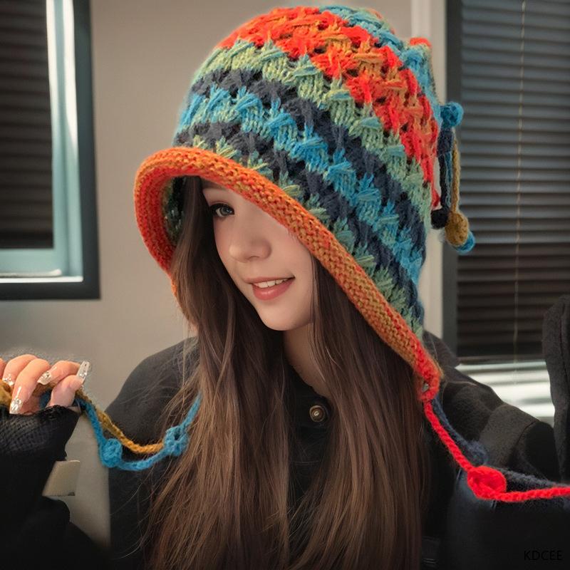 1 шт. Вязаная крючком цветная шапка для женщин, зимняя, вязаная шапка-бини с ушками, кисточкой, помпоном