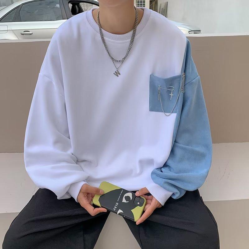 Модные универсальные свободные новые мужские весенние и осенние топы с круглым вырезом, мужская модная рубашка с длинными рукавами в гонконгском стиле